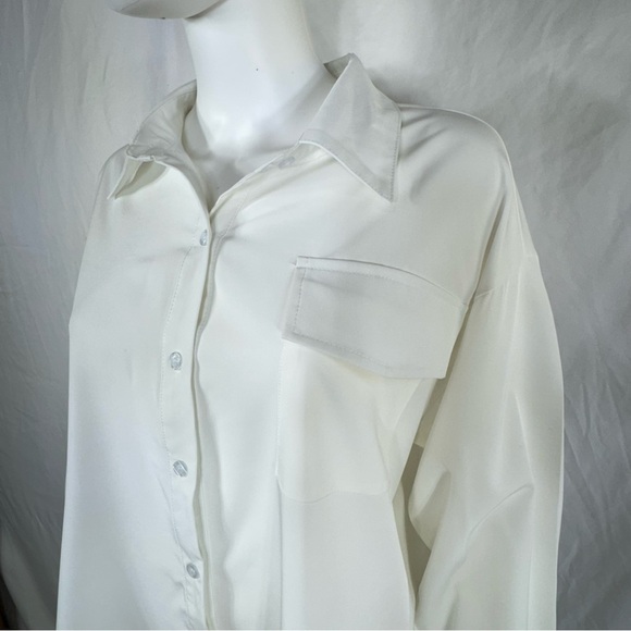 Women’s Collared White Long Sleeve Hi-Low Button Down Top - Picture 2 of 7